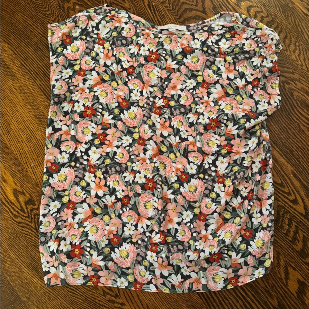 Loft Floral Mixed Media Cap Sleeve Blouse - Size Large